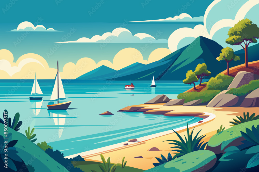  A calm and peaceful seascape on a summer day, with sailboats vector illustration 