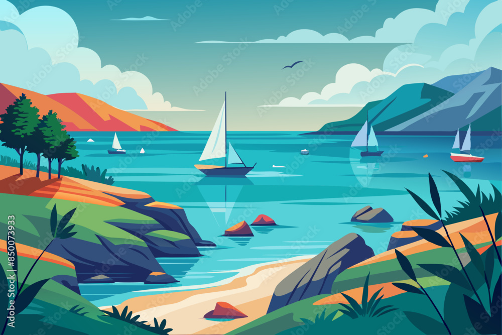 Naklejka premium A calm and peaceful seascape on a summer day, with sailboats vector illustration 