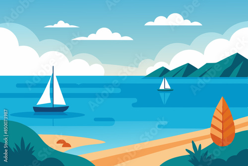  A calm and peaceful seascape on a summer day, with sailboats vector illustration 
