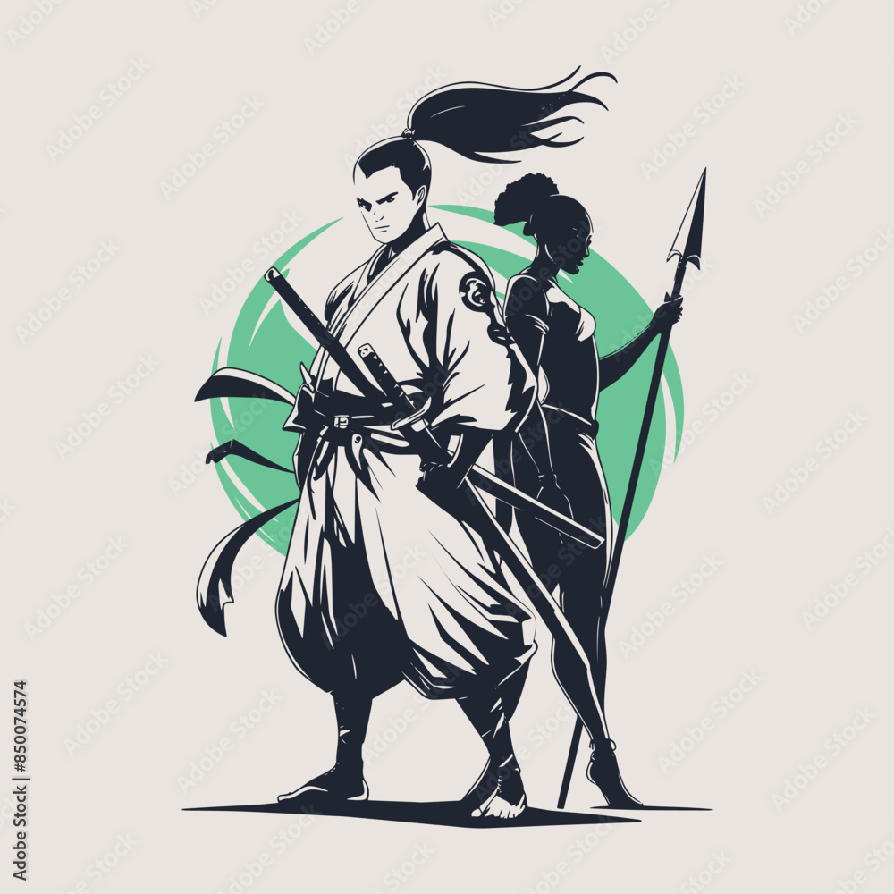 SAMURAI WARRIOR AND AFRICAN WOMEN WARRIOR ILLUSTRATION