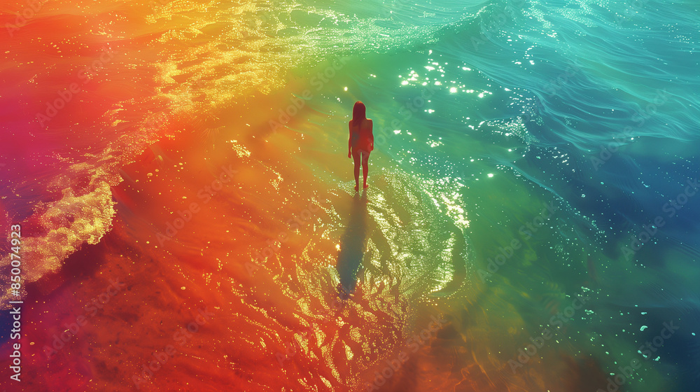 Fototapeta premium A Woman Standing in Vibrant Spectral Colors on a Sparkling Sea Surface: A Dreamy Aerial Abstraction with Environmental Awareness and Ultra High Definition Pastel Art