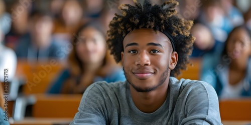 Confident black university student actively participating in a brightly lit classroom lecture. Concept University, Student, Classroom, Confidence, Lecture © Anastasiia