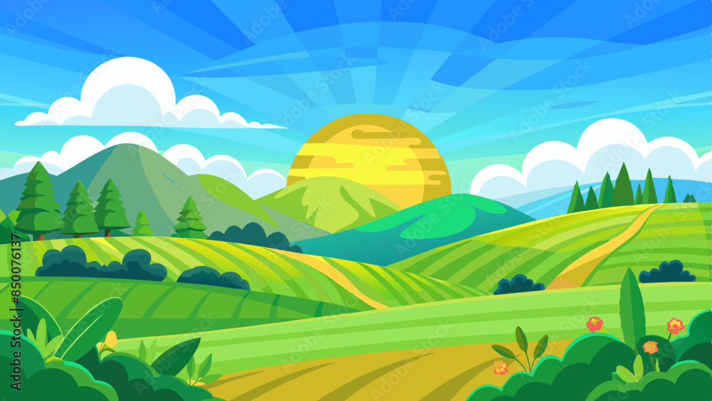 vector illustration of a beautiful summer fields landscape with a dawn, green hills, bright color blue sky vector illustration of a beautiful summer fields landscape with a dawn, green hills, bright color blue sky