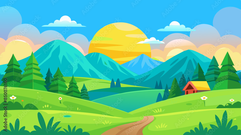 Fototapeta premium vector illustration of a beautiful summer fields landscape with a dawn, green hills, bright color blue sky