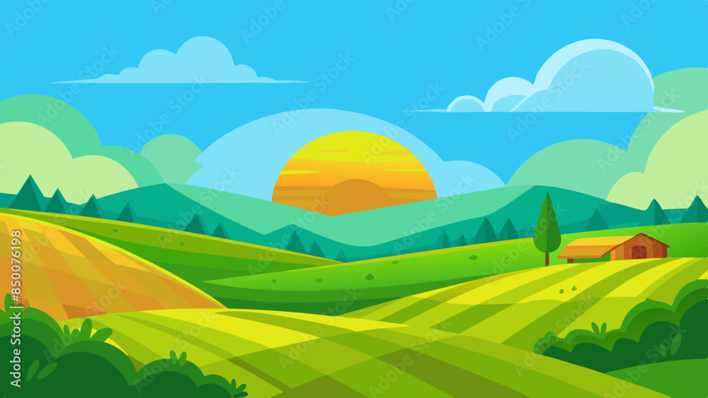 Fototapeta premium vector illustration of a beautiful summer fields landscape with a dawn, green hills, bright color blue sky