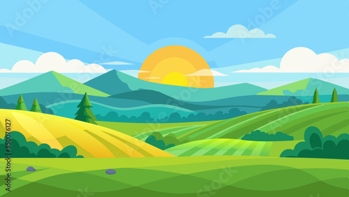 vector illustration of a beautiful summer fields landscape with a dawn, green hills, bright color blue sky