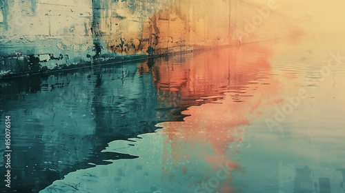 Abstract Reflection in Gentle Harbor Ripples with Cotton Candy Sun Dog, Crisp Geometric Forms, Experimental Anthotype Photography photo