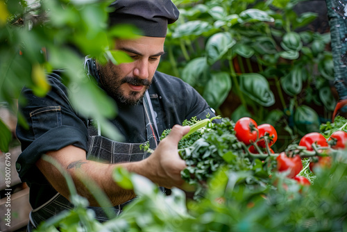Chef harvesting a variety of fresh vegetables directly from the farm, emphasizing farm-to-table cuisine and ingredient quality