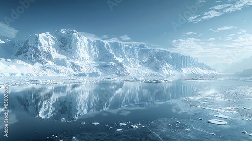 Melting glacier with water running off under a clear sky, dramatic melt, open water for copy Melting glacier, ice melt, climate change, majestic scene © Thanakrit