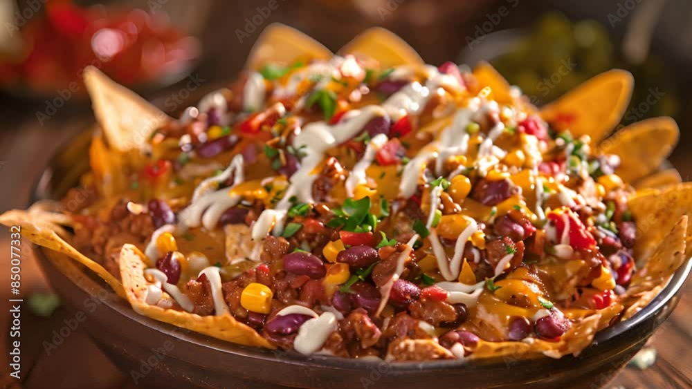 Crispy corn chips topped with melted cheese and condiments such as ground beef, beans, corn, and sour cream Crispy corn chips topped with melted cheese and condiments such as ground beef, beans, corn, and sour cream