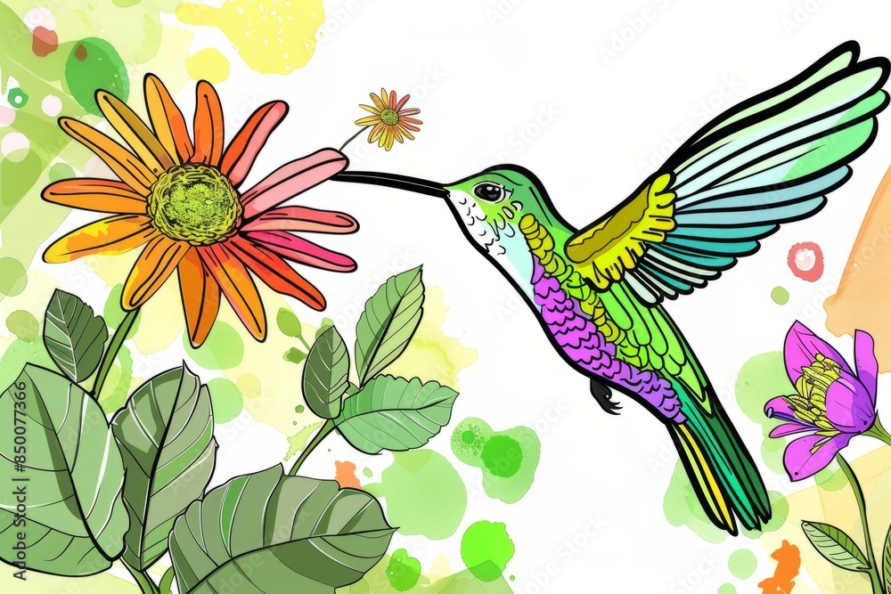 Cartoon cute doodles of a tiny hummingbird sipping nectar from a colorful flower, Generative AI Cartoon cute doodles of a tiny hummingbird sipping nectar from a colorful flower, Generative AI