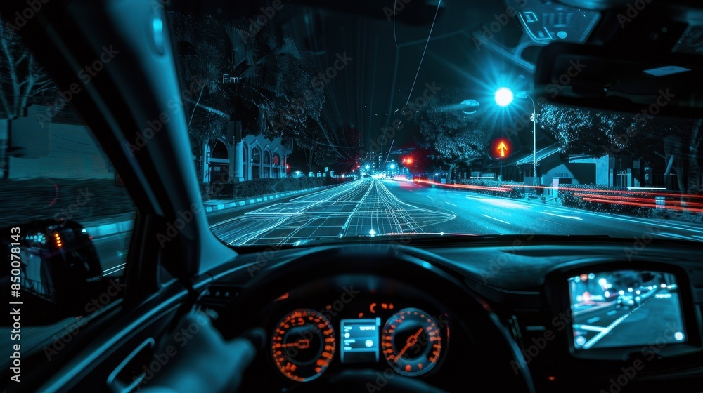 A car is driving down a street with a neon green background. The street is lit up with bright lights, creating a futuristic and otherworldly atmosphere A car is driving down a street with a neon green background. The street is lit up with bright lights, creating a futuristic and otherworldly atmosphere