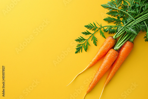 a group of carrots with leaves on a yellow background