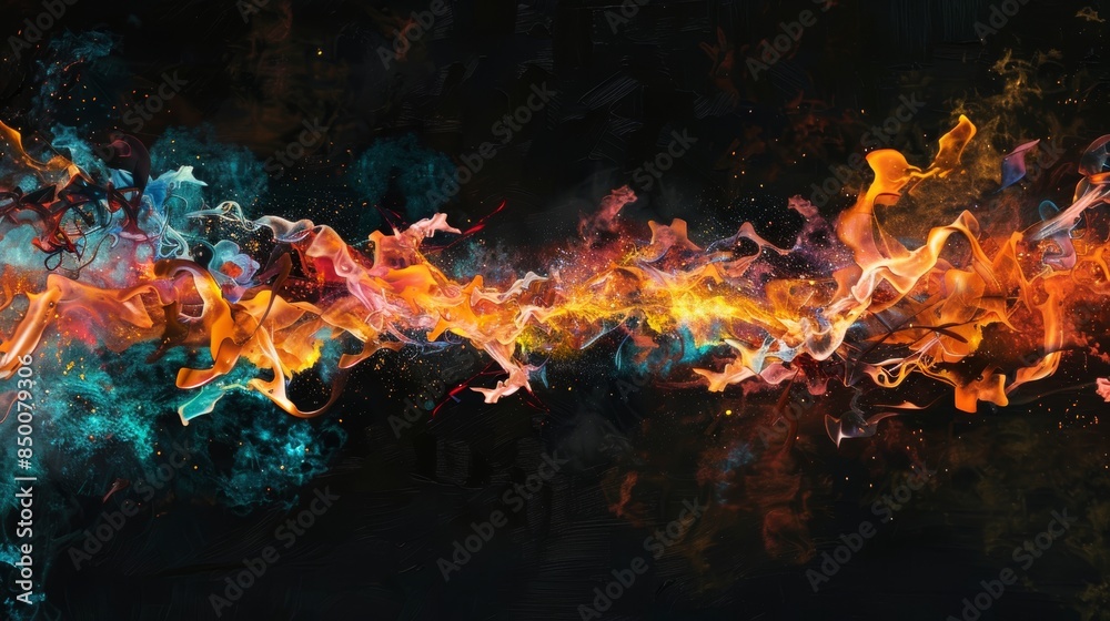 Fototapeta premium A dramatic horizontal line of intense flames set against a black background, showcasing the vibrant colors and dynamic movement of fire.