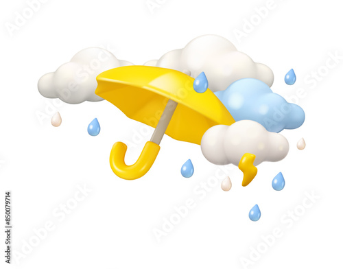 Umbrella with rain and clouds vector 3d design. Cartoon yellow parasol illustration with thunderstorm, isolated on white background. Clouds, lightning and raindrops in sky