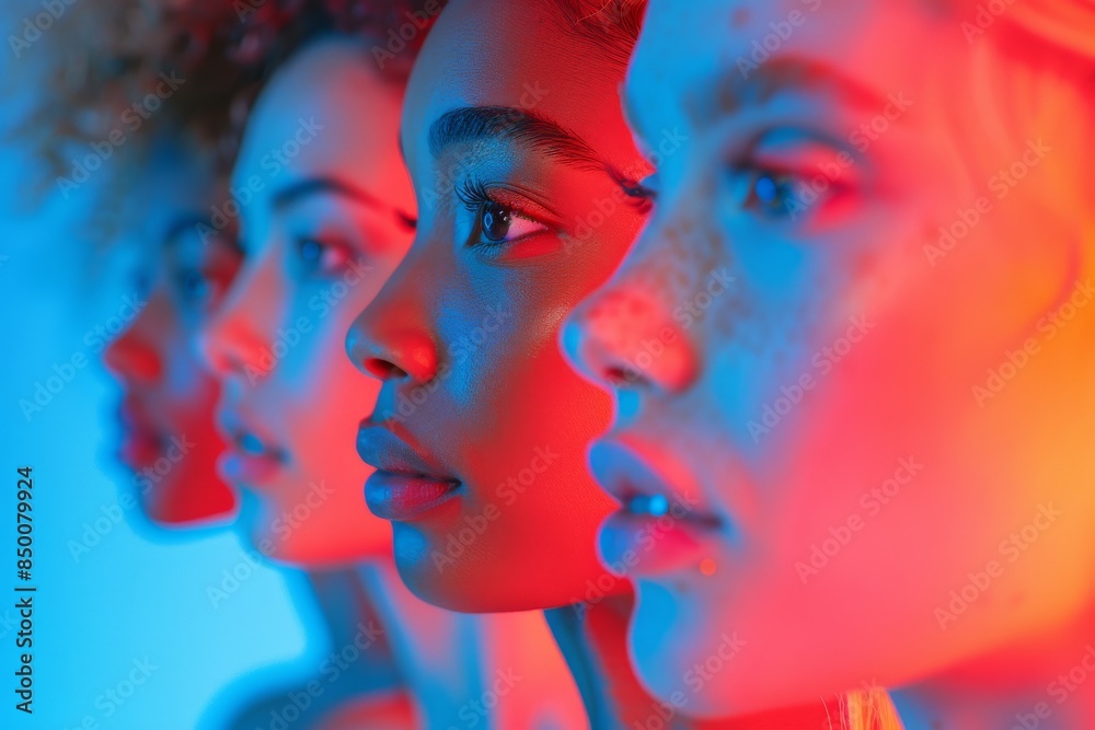 A line of smiling Black women with long hair stands in front of a blue background, enhanced by vibrant spectrum colors and cinematic lighting, with reflections and mirroring effects. A line of smiling Black women with long hair stands in front of a blue background, enhanced by vibrant spectrum colors and cinematic lighting, with reflections and mirroring effects.
