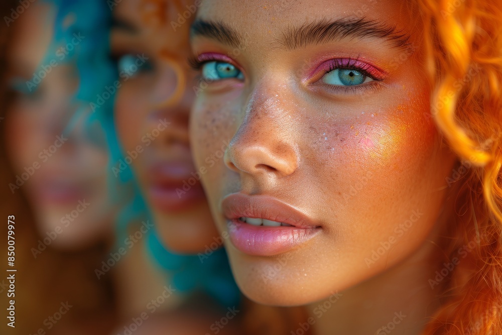 A line of smiling Black women with long hair stands in front of a blue background, enhanced by vibrant spectrum colors and cinematic lighting, with reflections and mirroring effects.