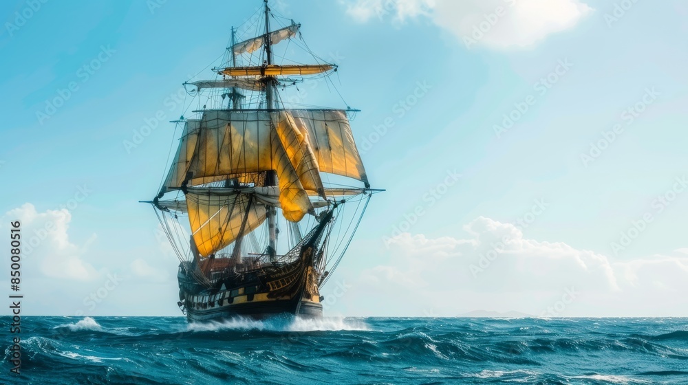 Fototapeta premium A vintage ship with yellow masts sailing through rough seas under a clear blue sky, capturing the adventure and challenge of maritime navigation.