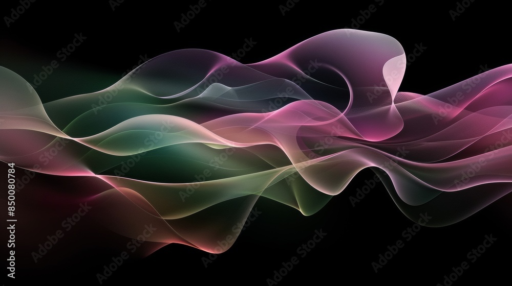 An abstract design featuring smooth gradient lines forming a dynamic shape against a dark background, blending shades of pink and green for a visually striking effect.
