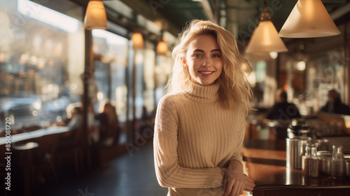 Blonde Model in Chic Knit Sweater and Midi Skirt at Café © Flash Studios