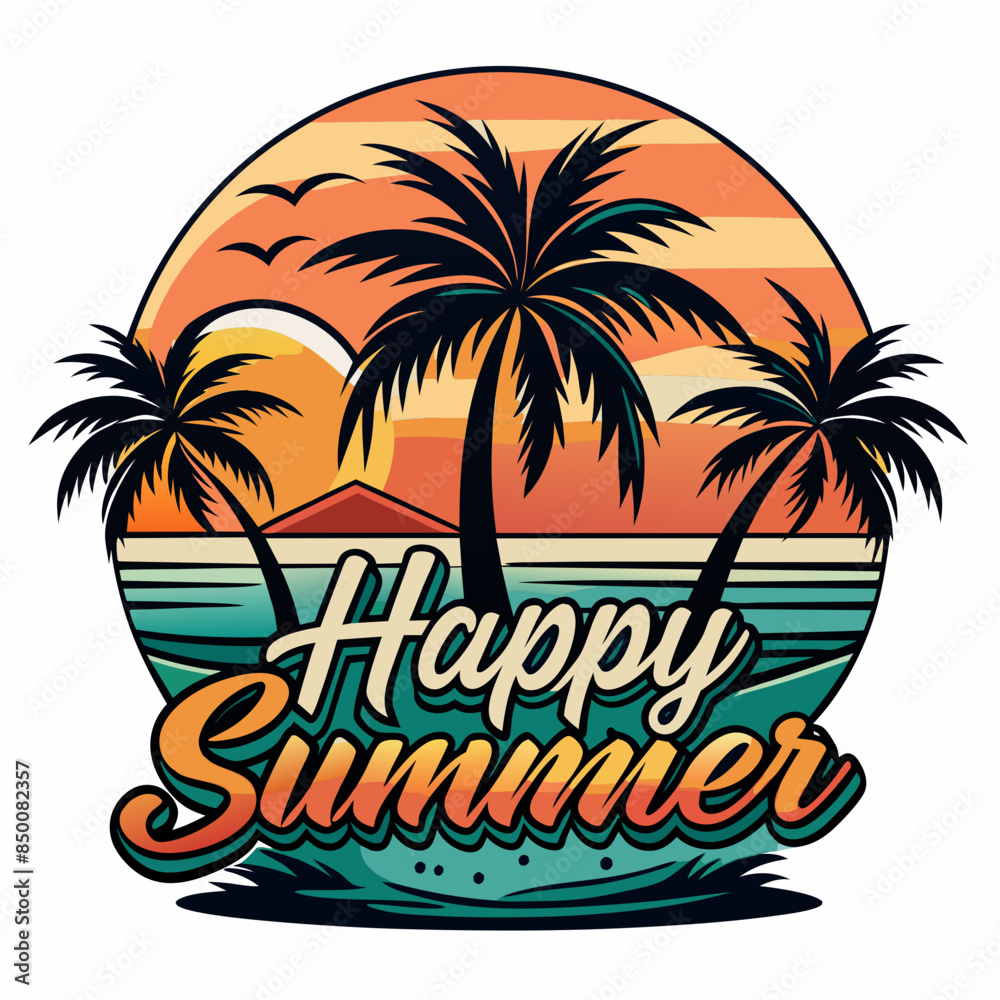 Obraz premium Vintage retro style happy summer t-shirt design with palm tree, sea beach and sunset