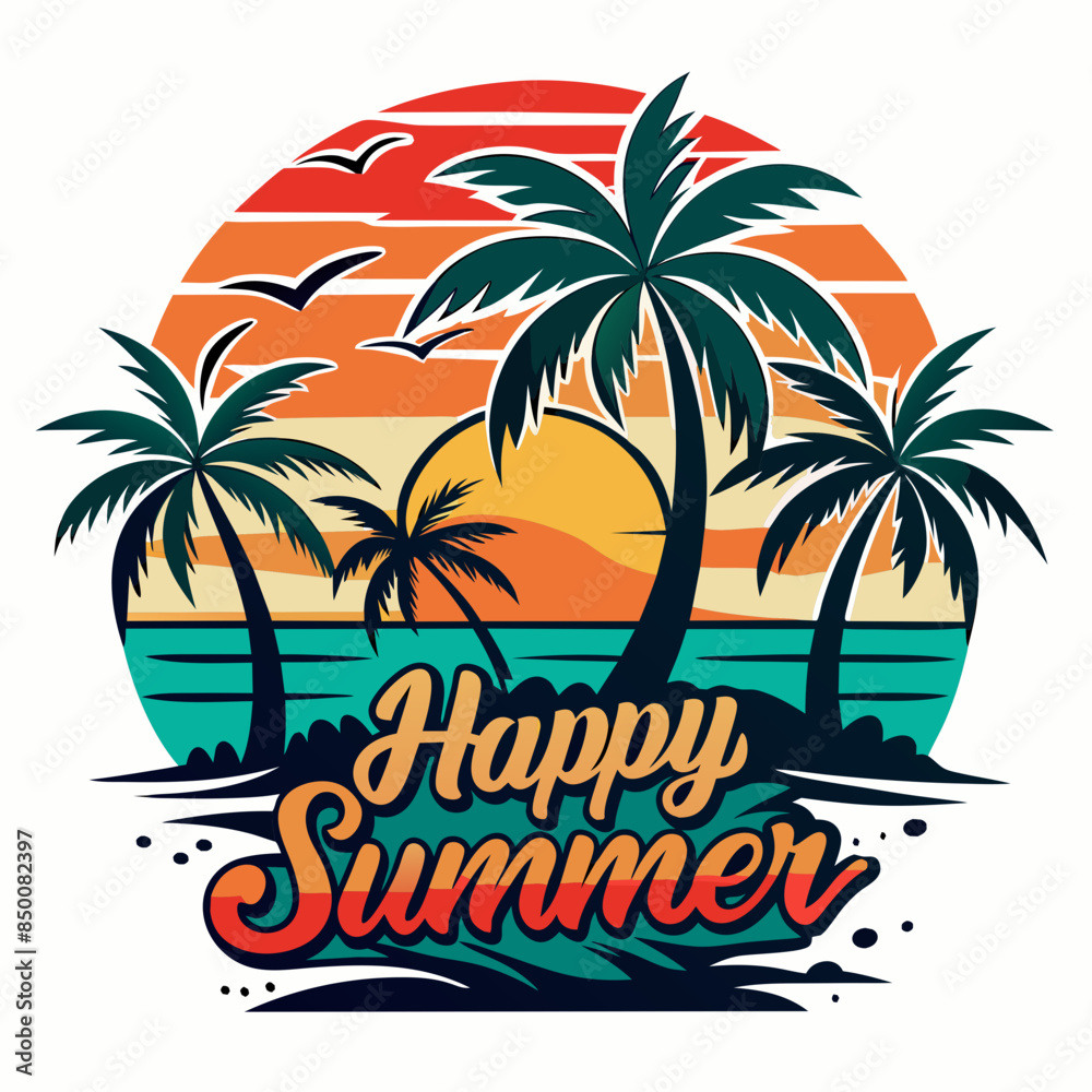 custom made wallpaper toronto digitalVintage retro style happy summer t-shirt design with palm tree, sea beach and sunset