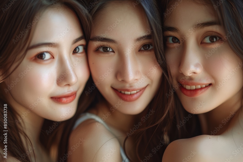 A line of smiling Asian women with long hair stands in front of a blue background, their hyperrealistic portraits highlighted by vibrant spectrum colors, reflections. A line of smiling Asian women with long hair stands in front of a blue background, their hyperrealistic portraits highlighted by vibrant spectrum colors, reflections.