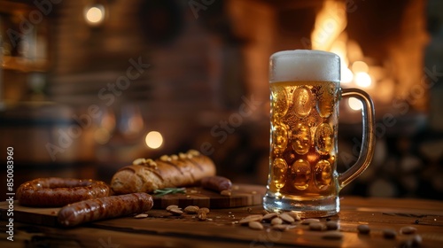 Rustic Oktoberfest Scene with Beer, Sausages, and Bread by Cozy Fireplace