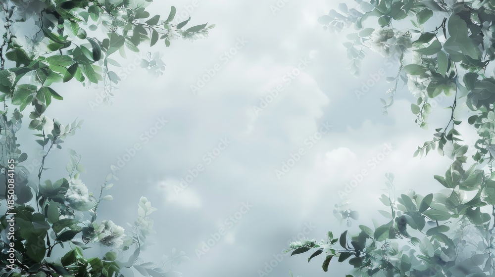 A leafy green background with a cloudy sky. The sky is filled with white clouds and the leaves are green A leafy green background with a cloudy sky. The sky is filled with white clouds and the leaves are green