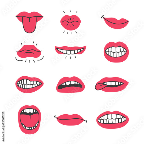 Mouth Facial Expression Set. Collection of hand drawn cartoon red lips white teeth and tongue showing various emotion. Flat design. Stickers. Vector illustration