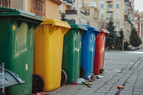 Recycling bins. Colorful trash cans in a row in the city. Recycling concept. Garbage recycling . cleaning ecoligy concept photo