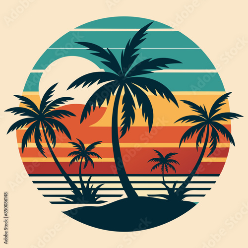 Vintage retro style summer T-shirt design with palm tree  sea beach and sunset