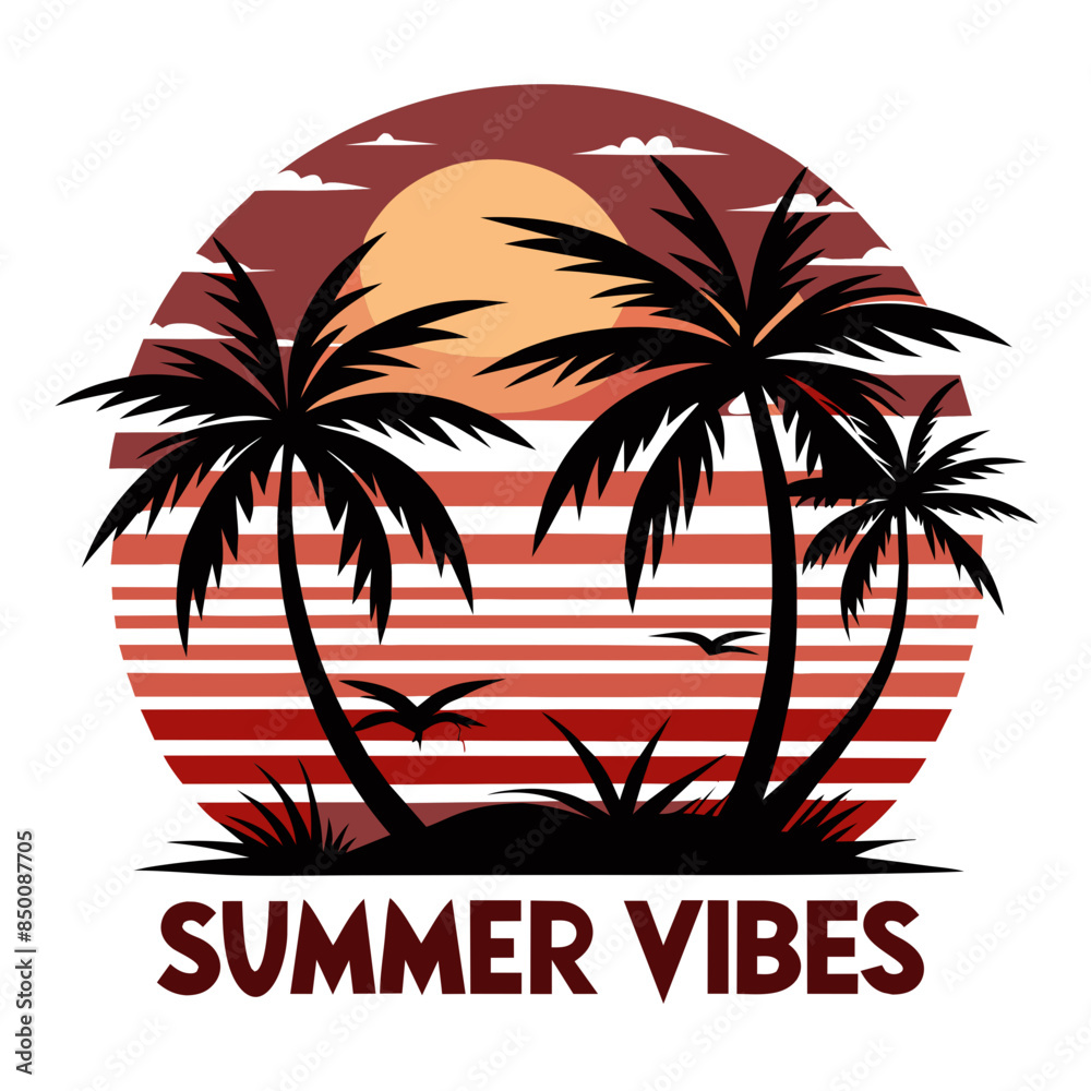 Fototapeta premium Beach with black palms tree silhouette and sunset, summer vibes T-Shirt Design Vector illustration 