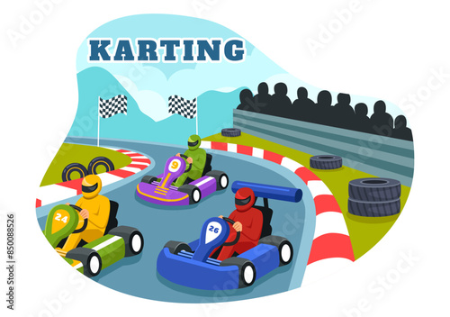 Vector Illustration of Karting Sport with a Racing Game Go Kart or Mini Car on a Small Circuit Track in a Flat Style Cartoon Background Design