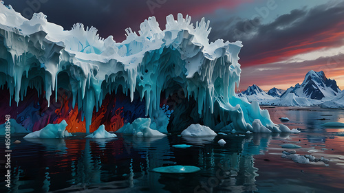 an abstract art piece addressing climate change and environmental impact, with melting ice caps, rising sea levels, and dynamic weather patterns depicted through abstract forms and vibrant colors 
