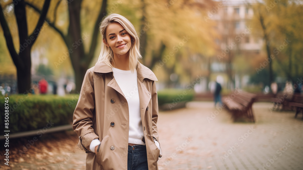 Playful Blonde Model in Fashionable Trench Coat and Sneakers Playful Blonde Model in Fashionable Trench Coat and Sneakers