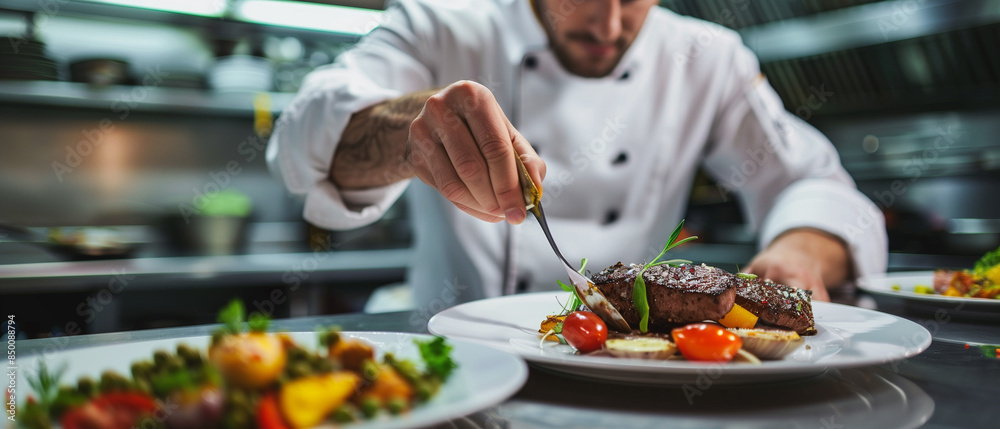 Male chef plating food in plate or preparing cooking food in kitchen at restaurant Male chef plating food in plate or preparing cooking food in kitchen at restaurant