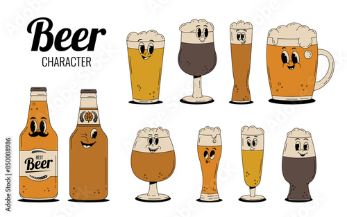 Retro groovy beer glass and bottle characters set. Vintage cute alcohol drink and beverage mascot collection. Vector illustration in 60s, 70s, 80s style