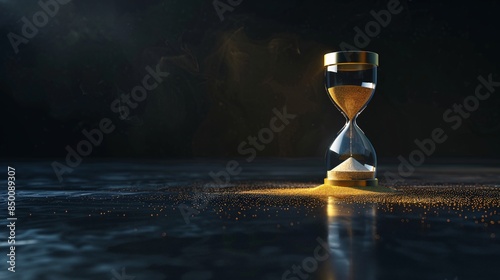 Hourglass with sand running, symbolizing time's passage toward a deadline, set against a dark backdrop with text copy space.