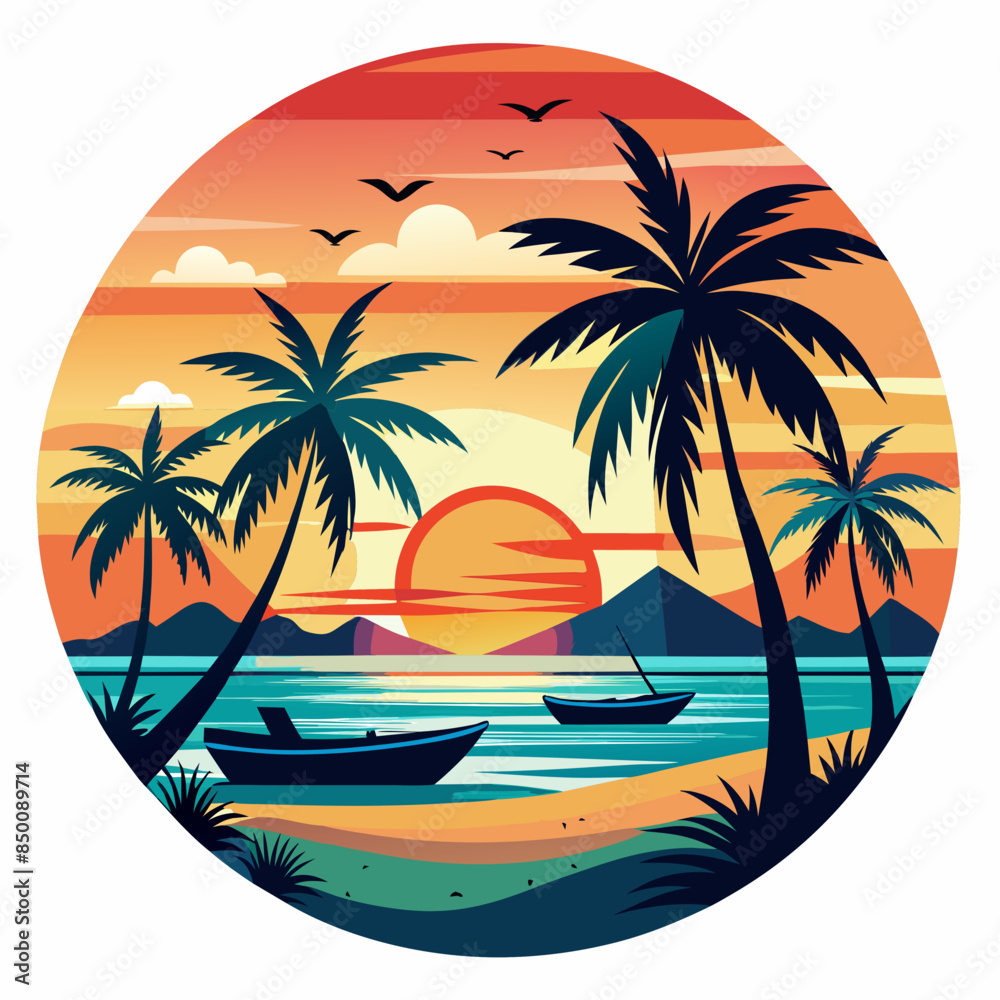 Summer vacation t-shirt design concept with palm tree, sea beach, and sunset vector illustration Summer vacation t-shirt design concept with palm tree, sea beach, and sunset vector illustration