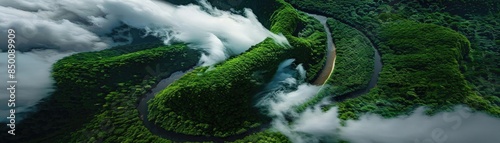 Aerial view of a winding mountain road surrounded by lush greenery and clouds, capturing the serene beauty of nature and the journey ahead. photo