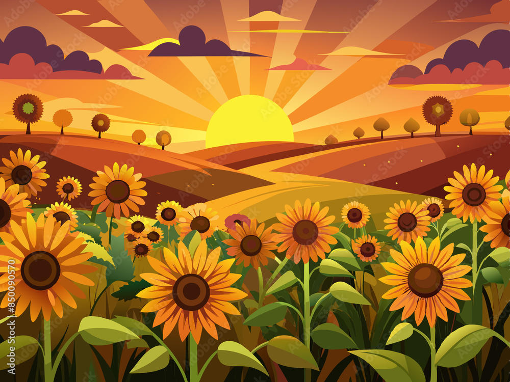 Fototapeta premium A sunflower field at sunset with golden rays highlighting the flowers