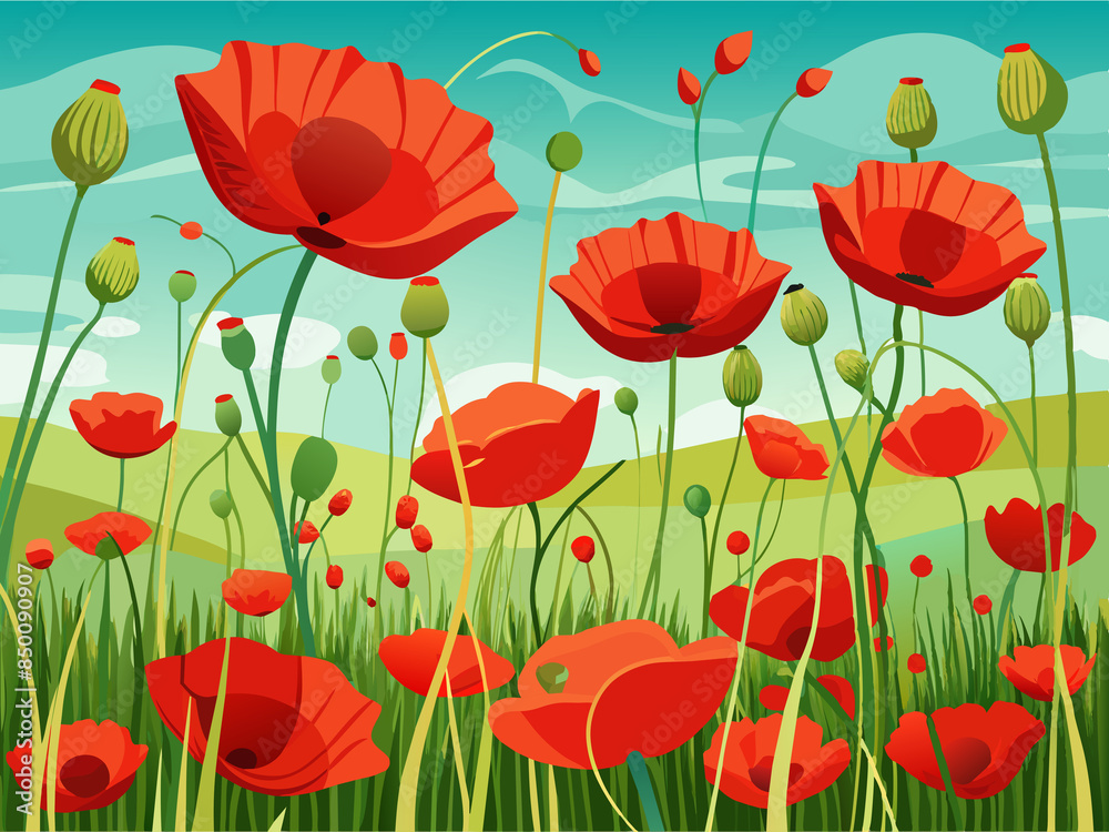 Obraz premium A field of red poppies swaying in the wind