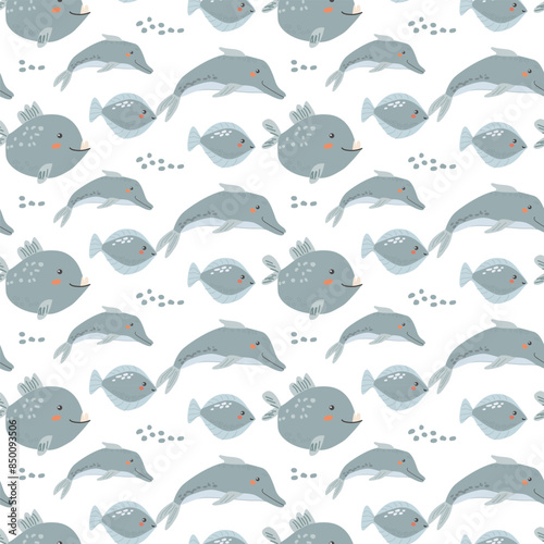 Childrens sea animals pattern, childish ocean marine life seamless background. Nursery baby animals print. Underwater inhabitants collection background for kids textile, clothes, wallpapers.
