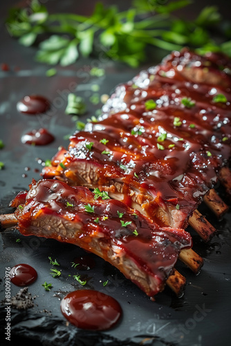 A tantalizing close-up of succulent barbecue ribs glistening with a smoky, sweet glaze