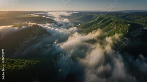 Aerial view of misty mountains and valleys at sunrise, showcasing lush greenery and dramatic clouds, creating a serene and picturesque landscape.