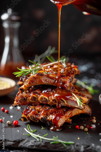 Succulent barbecue ribs glazed with a rich, smoky sauce. A tantalizing stack of fall-off-the-bone ribs garnished with fresh rosemary sprigs, resting on a dark surface with scattered spices