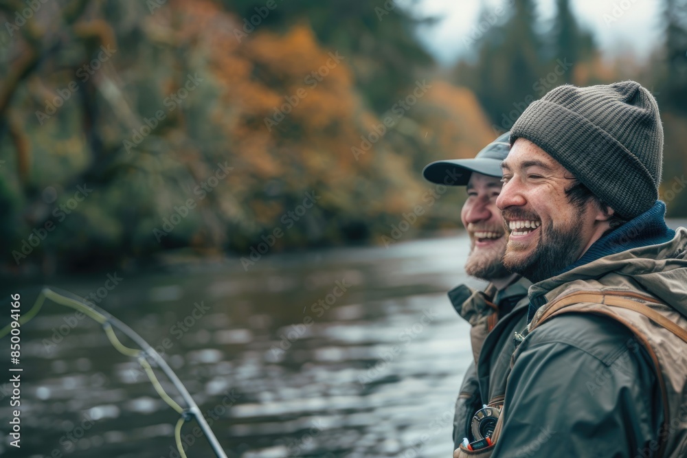 An older couple enjoys a peaceful fishing session on the banks of a serene river An older couple enjoys a peaceful fishing session on the banks of a serene river