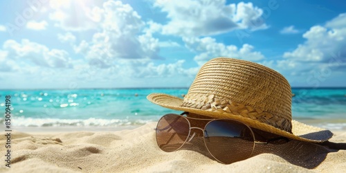 Sunlit beach setting with a straw hat and sunglasses placed on the sand, capturing the essence of a relaxing tropical summer vacation © kardaska