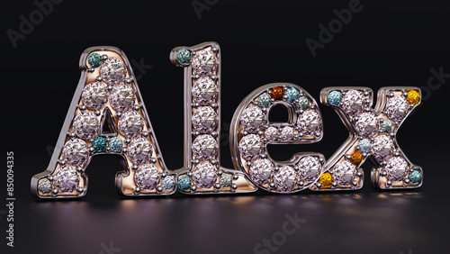 diamonds in the curve shape of text ALEX wording on dark background 3D rendering